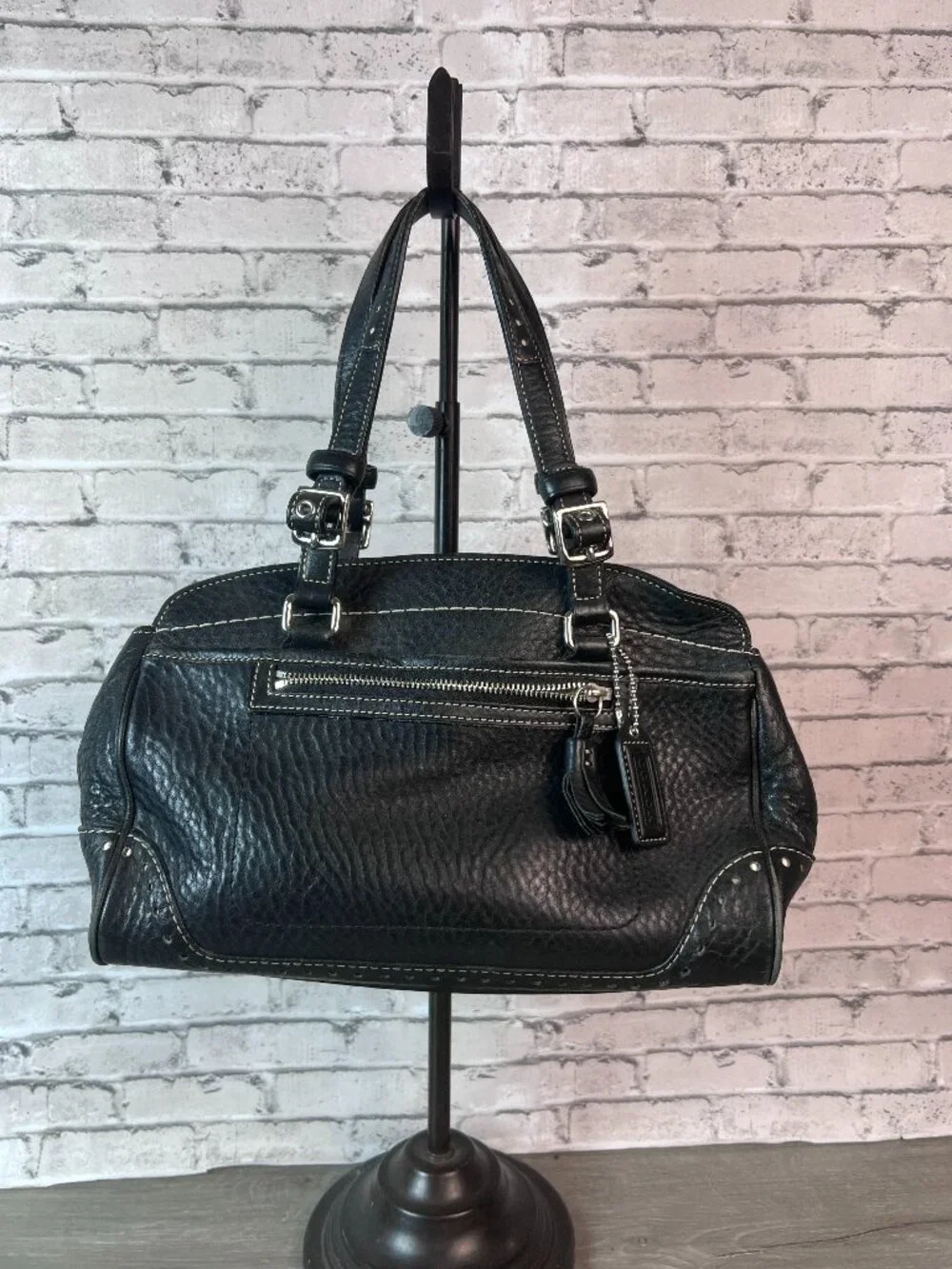 Coach 5031 Hampton Black Pebbled Leather Tassel Satchel Handbag